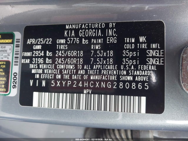 5XYP24HCXNG280865 KIA Telluride Lx