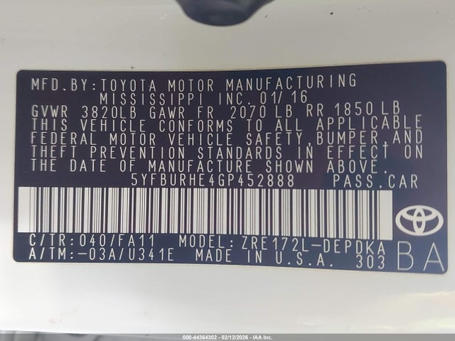 5YFBURHE4GP452888 Toyota COROLLA L