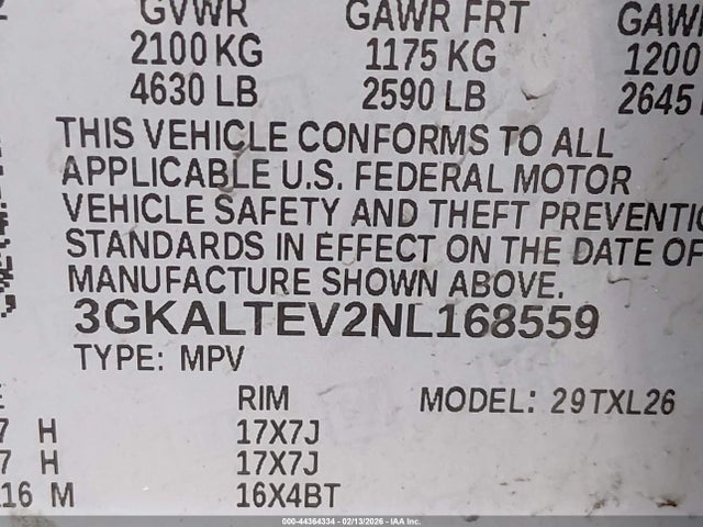 3GKALTEV2NL168559 GMC Terrain Awd Sle