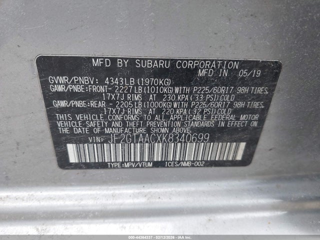 Продажа на аукционе авто 2019 Subaru Crosstrek 2.0i, vin: JF2GTAACXK8340699, номер лота: 44364337