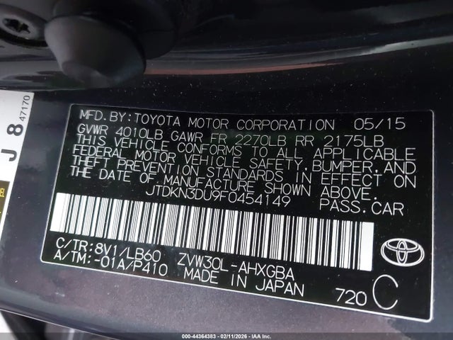 JTDKN3DU9F0454149 Toyota Prius Four
