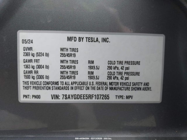 Aukcja sprzedaży 2024 Tesla Model Y Long Range Dual Motor All-wheel Drive, vin: 7SAYGDEE5RF107265, numer aukcji: 44364384