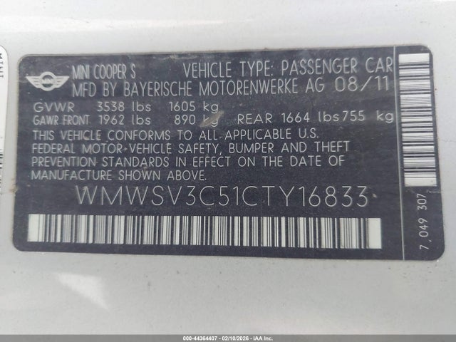 2012 MINI COOPER S WMWSV3C51CTY16833 Photo 8