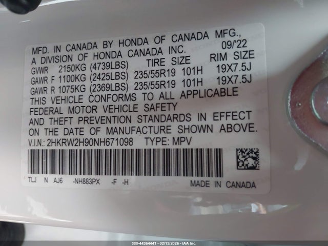 2HKRW2H90NH671098 Honda Cr-v Awd Touring
