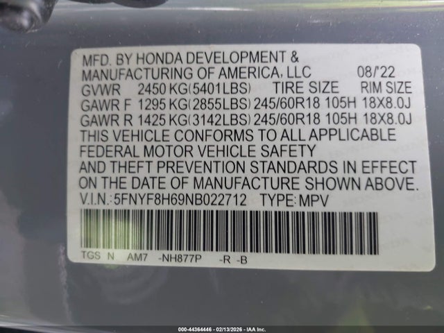 5FNYF8H69NB022712 Honda Passport Awd Trailsport