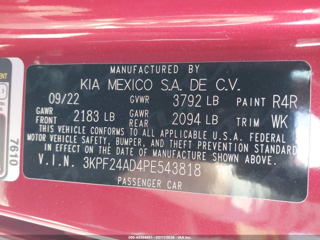3KPF24AD4PE543818 KIA Forte Lxs