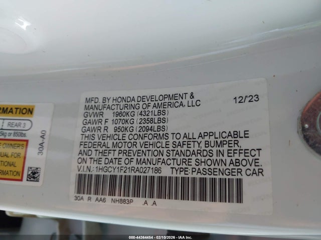 1HGCY1F21RA027186 Honda ACCORD LX