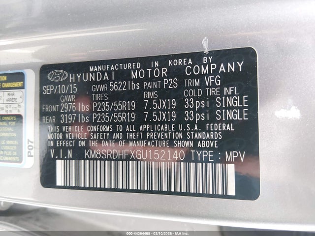 KM8SRDHFXGU152140 Hyundai Santa Fe Limited