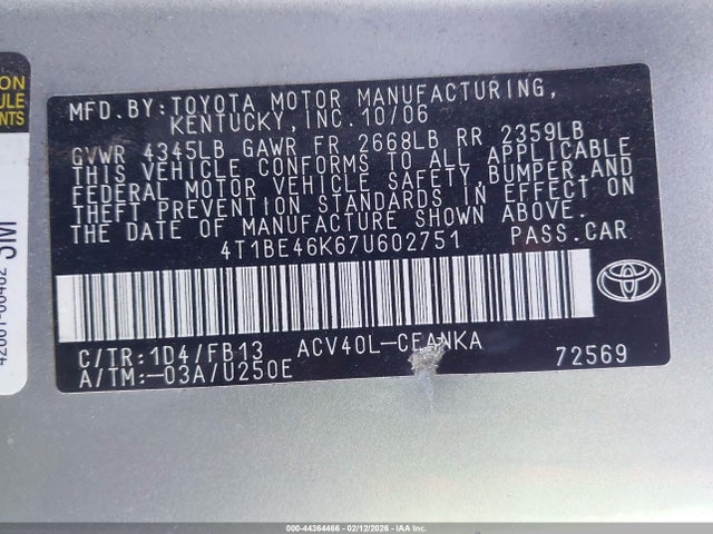 2007 TOYOTA CAMRY 4T1BE46K67U602751 Photo 8