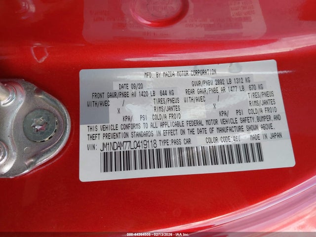 44364505 :رقم المزاد ، JM1NDAM77L0419118 vin ، 2020 Mazda Mx-5 Miata Rf Grand Touring مزاد بيع