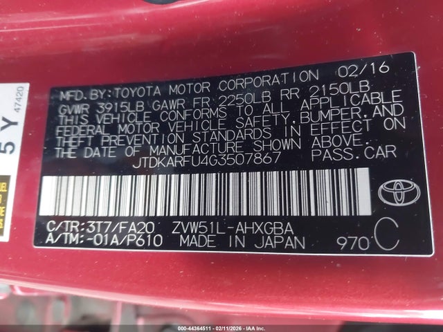 JTDKARFU4G3507867 Toyota Prius Three