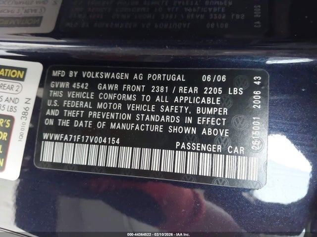 44364522 :رقم المزاد ، WVWFA71F17V004154 vin ، 2007 Volkswagen Eos 2.0t مزاد بيع
