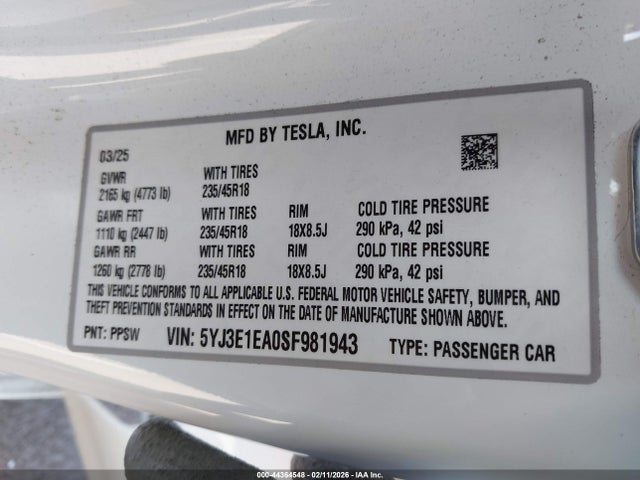 Aukcja sprzedaży 2025 Tesla Model 3 Long Range Rear-wheel Drive/standard Rear-wheel Drive, vin: 5YJ3E1EA0SF981943, numer aukcji: 44364548