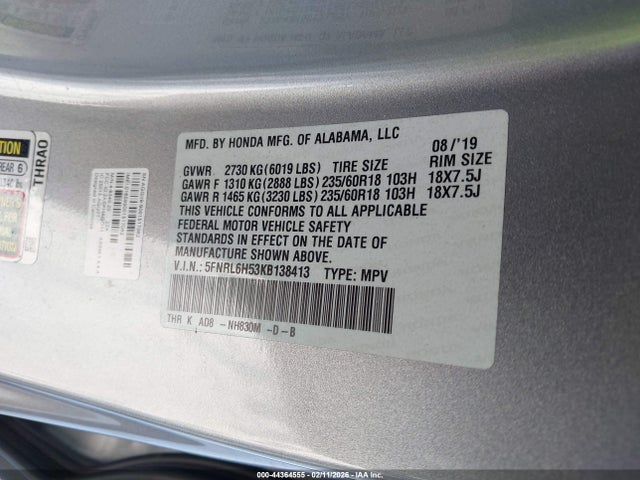 5FNRL6H53KB138413 Honda ODYSSEY EX