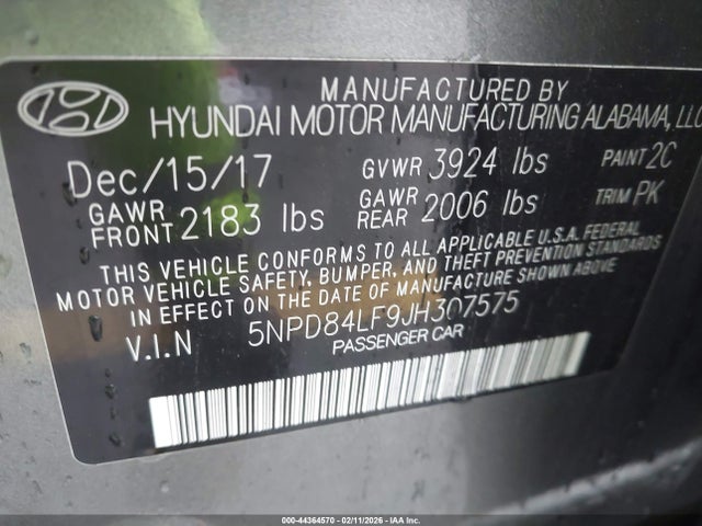 5NPD84LF9JH307575 Hyundai ELANTRA SEL