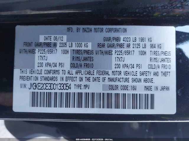 Продаж на аукціоні авто 2013 Mazda Cx-5 Touring, vin: JM3KE2CE3D0133054, номер лоту: 44364669