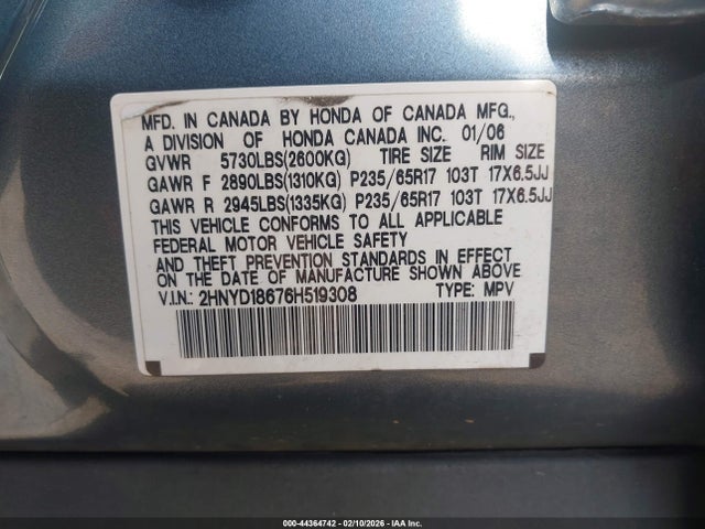 Aukcja sprzedaży 2006 Acura Mdx, vin: 2HNYD18676H519308, numer aukcji: 44364742