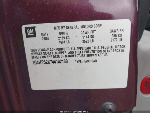2004 Buick Lesabre Custom მანქანა იყიდება აუქციონზე, vin: 1G4HP52K744102108, აუქციონის ნომერი: 44364781