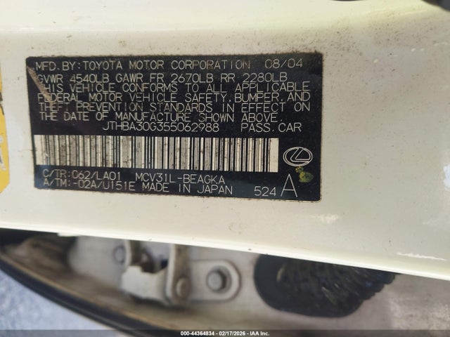 Aukcja sprzedaży 2005 Lexus Es 330, vin: JTHBA30G355062988, numer aukcji: 44364834
