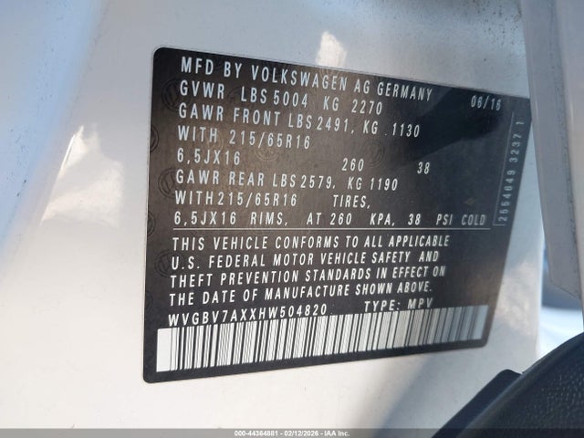 WVGBV7AXXHW504820 Volkswagen Tiguan 2.0t S