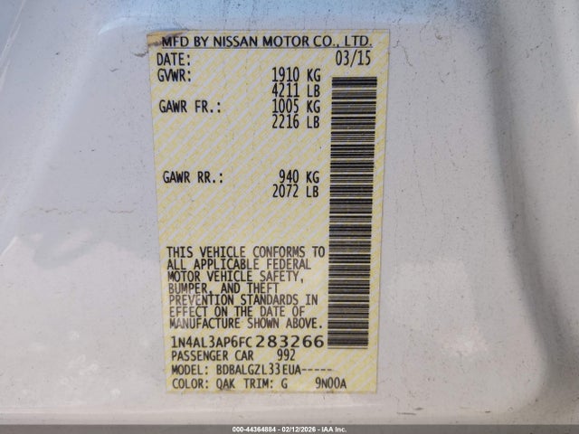 1N4AL3AP6FC283266 Nissan Altima 2.5/2.5 S/2.5 Sl/2.5 Sv
