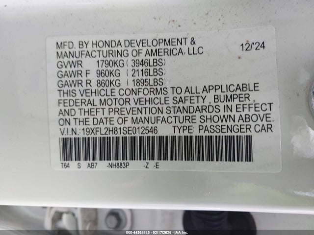 2025 Honda Civic Sedan Sport მანქანა იყიდება აუქციონზე, vin: 19XFL2H81SE012546, აუქციონის ნომერი: 44364885