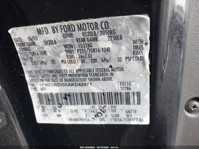 Продаж на аукціоні авто 2010 Ford Escape Xlt, vin: 1FMCU0DGXAKD42971, номер лоту: 44364892