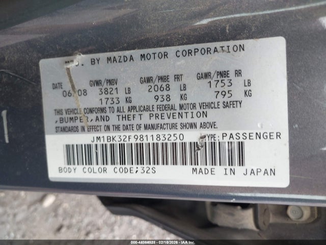 44364928 :رقم المزاد ، JM1BK32F981183250 vin ، 2008 Mazda Mazda3 I Touring Value مزاد بيع