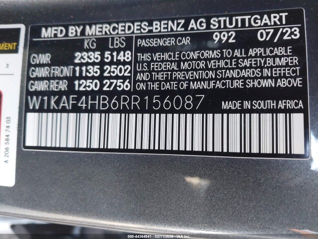 Aukcja sprzedaży 2024 Mercedes-benz C 300, vin: W1KAF4HB6RR156087, numer aukcji: 44364941