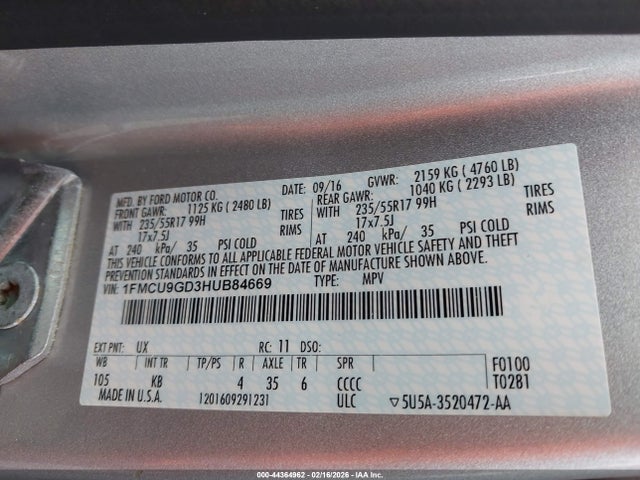 1FMCU9GD3HUB84669 Ford ESCAPE SE