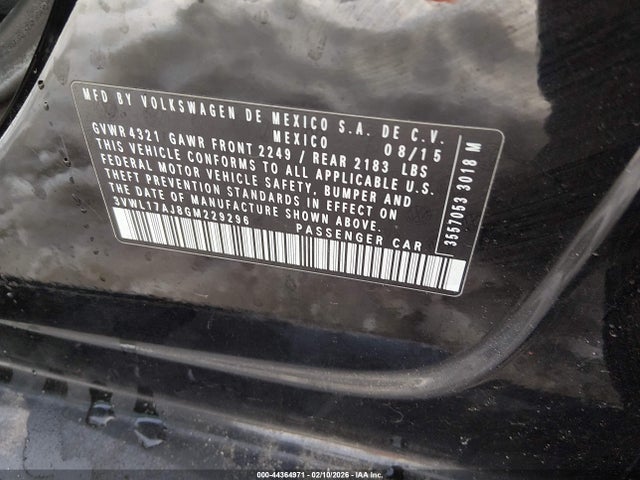 44364971 :رقم المزاد ، 3VWL17AJ8GM229296 vin ، 2016 Volkswagen Jetta 1.8t Sel مزاد بيع