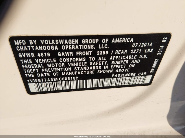 Продажа на аукционе авто 2015 Volkswagen Passat 1.8t Se, vin: 1VWBT7A33FC005182, номер лота: 44365032