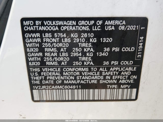 2021 Volkswagen Atlas 3.6l V6 Se W/technology მანქანა იყიდება აუქციონზე, vin: 1V2JR2CA6MC604911, აუქციონის ნომერი: 44365049