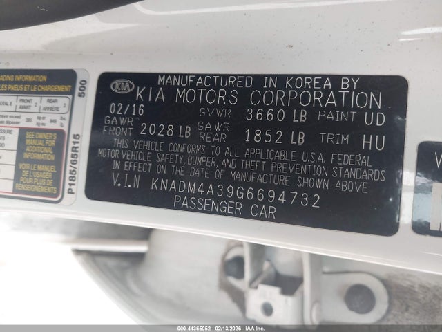 44365052 :رقم المزاد ، KNADM4A39G6694732 vin ، 2016 Kia Rio Lx مزاد بيع