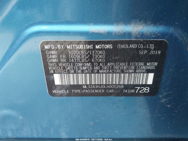 Aukcja sprzedaży 2020 Mitsubishi Mirage Es, vin: ML32A3HJ0LH000268, numer aukcji: 44365070
