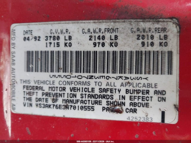 1992 SAAB 900 YS3AK76E3N7010555 Photo 8