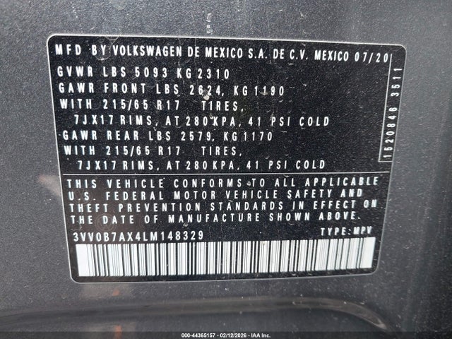 Продаж на аукціоні авто 2020 Volkswagen Tiguan 2.0t S, vin: 3VV0B7AX4LM148329, номер лоту: 44365157