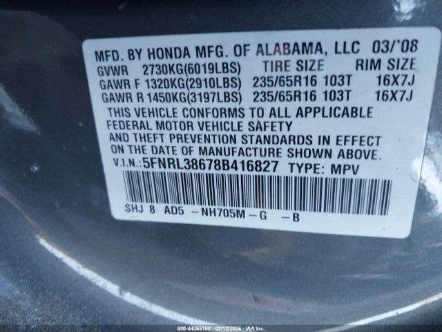 2008 Honda Odyssey Ex-l მანქანა იყიდება აუქციონზე, vin: 5FNRL38678B416827, აუქციონის ნომერი: 44365158