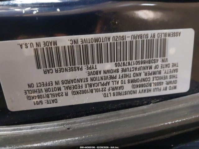 Продаж на аукціоні авто 2001 Subaru Outback, vin: 4S3BH665017679705, номер лоту: 44365196