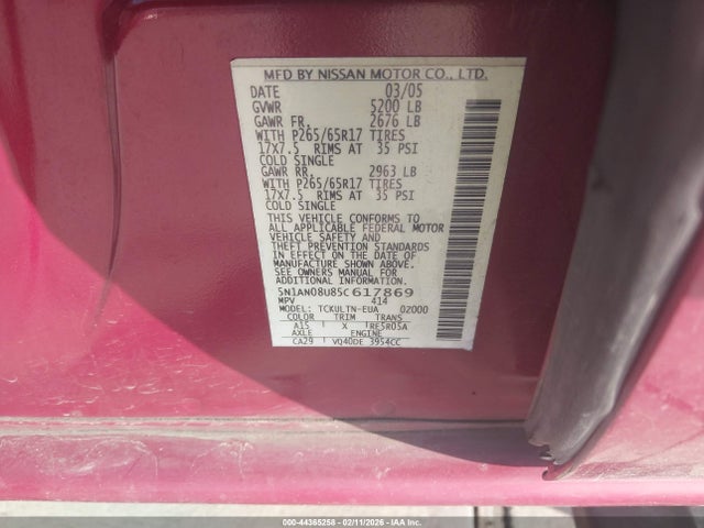 Auction sale of the 2005 Nissan Xterra Se, vin: 5N1AN08U85C617869, lot number: 44365258