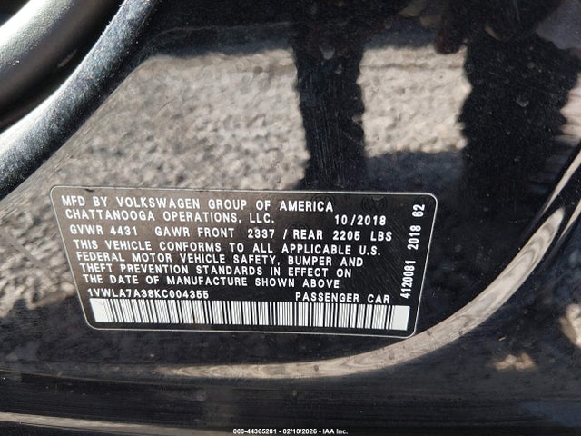 1VWLA7A38KC004355 Volkswagen Passat 2.0t Wolfsburg Edition