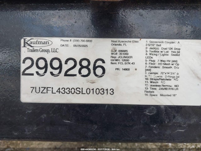 Продаж на аукціоні авто 2025 Kaufman Trailers Car Carrier Trailer, vin: 7UZFL4330SL010313, номер лоту: 44365336