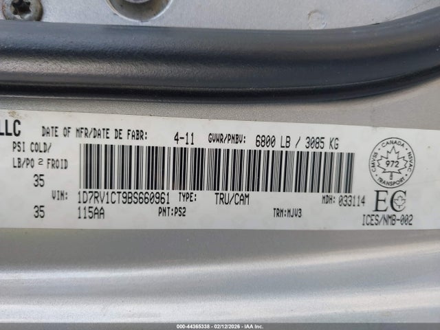 Продажа на аукционе авто 2011 Ram Ram 1500 Slt, vin: 1D7RV1CT9BS660961, номер лота: 44365338