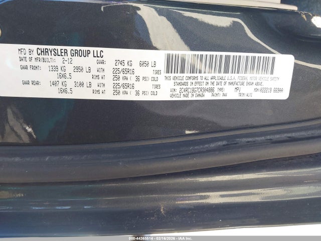 44365514 :رقم المزاد ، 2C4RC1BG7CR304886 vin ، 2012 Chrysler Town & Country Touring مزاد بيع