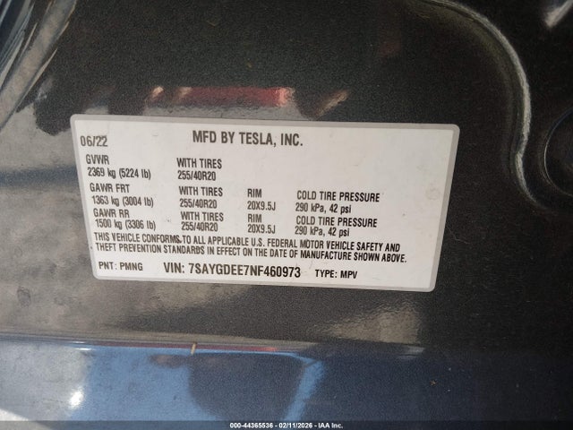 44365536 :رقم المزاد ، 7SAYGDEE7NF460973 vin ، 2022 Tesla Model Y Long Range Dual Motor All-wheel Drive مزاد بيع