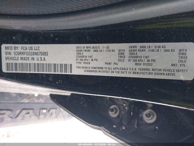 Продаж на аукціоні авто 2025 Ram 1500 Tradesman  4x4 5'7 Box, vin: 1C6RRFGG5SN675083, номер лоту: 44365545