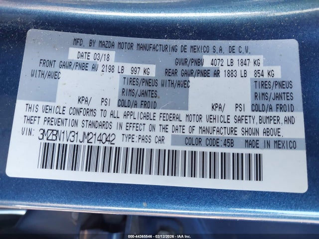 44365546 :رقم المزاد ، 3MZBN1V31JM214042 vin ، 2018 Mazda Mazda3 Touring مزاد بيع