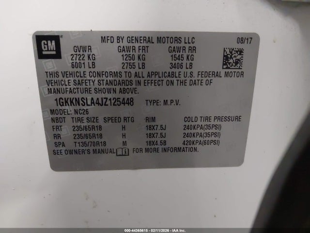 Aukcja sprzedaży 2018 Gmc Acadia Sle-2, vin: 1GKKNSLA4JZ125448, numer aukcji: 44365615