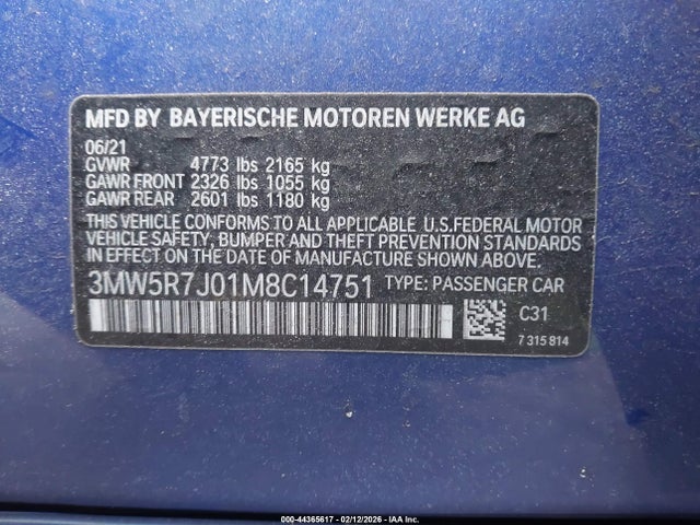 Продаж на аукціоні авто 2021 Bmw 330i Xdrive, vin: 3MW5R7J01M8C14751, номер лоту: 44365617