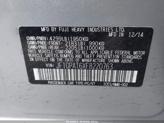 Aukcja sprzedaży 2015 Subaru Impreza 2.0i Sport Premium, vin: JF1GPAT6XF8220763, numer aukcji: 44365618